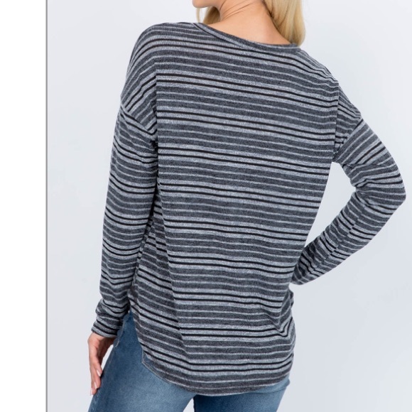 Gray & black long sleeve drop shoulder curved hem striped pullover top, NEW! - Picture 5 of 16